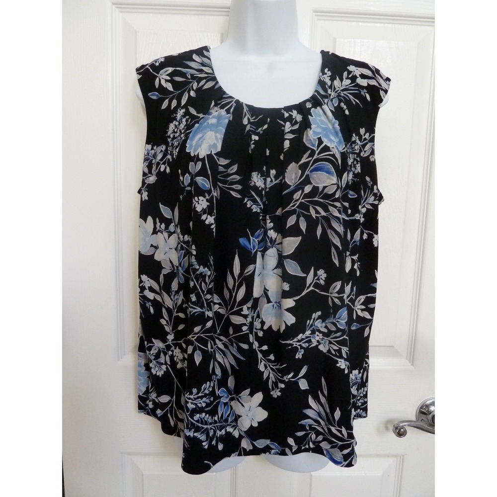 Kasper Women L Sleeveless Blouse Black Blue Floral Gathered Front Career Top